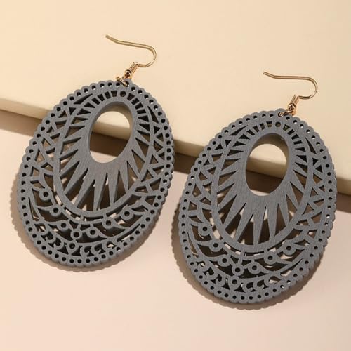 Boho Wooden Cutout Dangle Earrings for Women Bohemian Teardrop Oval Hollow Floral Pattern Drop Earrings Colorful Lightweight Statement Party Jewelry - color: Gray