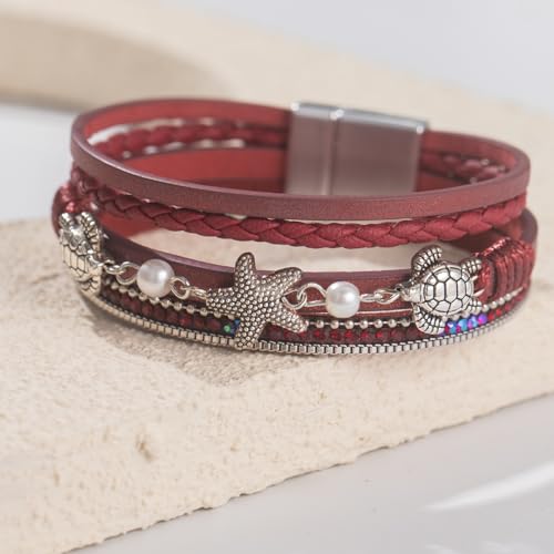 FANCY SHINY Turtle Starfish Leather Wrap Bracelet Boho Rhinestone Pearl Cuff Bracelets for Women Summer Beach Jewelry for Women - color: Burgundy