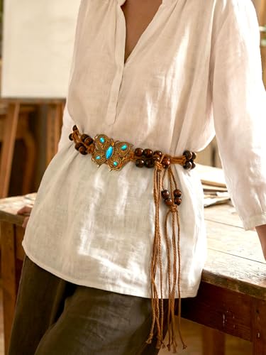 Fstrend Women's Woven Waist Belt Chain,Turquoise Braided Belts with Wooden Beads,Adjustable Belly Accessory for Dress (D) - color: D