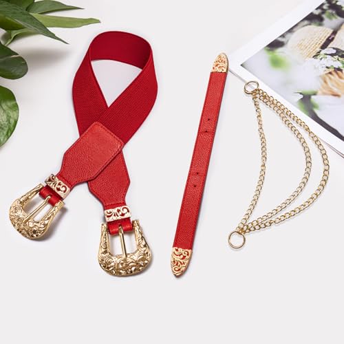Dubulle Womens Belt Chain Leather Belts Vintage Western Adjustable Elastic Double Buckle for Cowboy Pant Dress - color: Red Gold