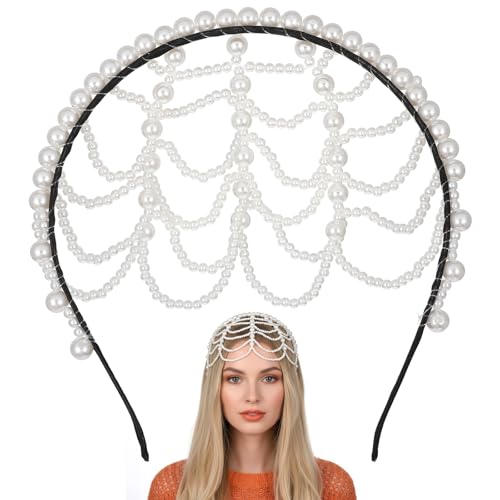 1920s Pearl Headpiece White Pearl Cap Headpiece Roaring 20s Headbands for Women Pearls Beaded Cap Head Piece Head Chain Hair Accessories, for Wedding Bridal Cosplay Halloween Art Decor Party