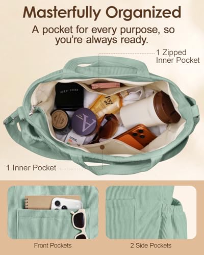 Miss Adola Crossbody Corduroy Tote Bag for Women, Large Tote Bag with Multi-Pockets and Zipper for Travel Work - color: Bean-green