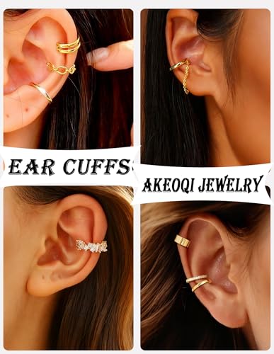 AKEOQI 16 Pcs Ear Cuff Earrings Non Piercing Cubic Zirconia Ear Cuffs for Women Silver Gold Plated Clip on Cartilage Helix Wrap Fake Earrings Jewelry - color: Gold