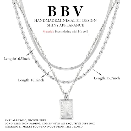 BBV Layered Gold Necklaces for Women Stackable Dainty 14K Gold Plated Silver Chain Necklace Layering Cute Fashion Pendant Choker Necklaces Trendy Jewelry Set Gifts for Women - color: silver, style: Rope twist snake chain O-ring chain texture