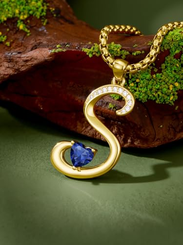 Birthday Gifts for Women 18k Gold Initial Necklaces for Women Simple Alphabets Letters with Birthstone Pendants Name Jewelry Anniversary Wedding Gifts for Sister Daughter Her (with Gift Box) - color: 09-Sept-Sapphire, style: Letter S