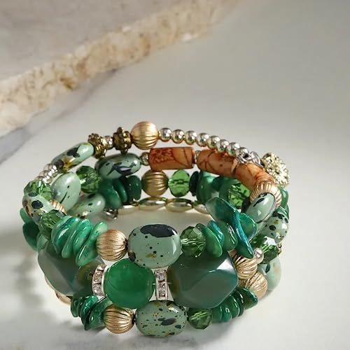 Women Beaded Bracelet Set | Colorful Boho Stackable Trendy Design with Crystal Accents Multilayer Bangle Bracelet | Fashion Stretch Braclets Jewelry for Women - color: Green.