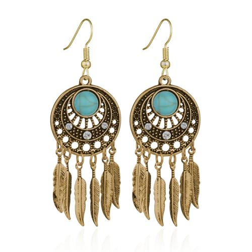 Boho Turquoise Drop Earrings Retro Long Copper Feather Tasse Metal Leaf Dangle Earrings Vintage Country Western Jewelry Cowgirl Ethnic Style Geometric Concert Festival Accessories for Women - color: Gold Feather