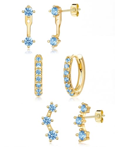 3 Pairs Dainty Small 4th of July Earrings for Women Trendy, Birthstone Stud Huggie Hoop Jacket Stack for Cartilage Helix, Gold Plated Hypoallergenic Cute Women Fashion Accessories Western Jewelry Gifts - color: 03Blue Created Aquamarine-Mar (Gold)
