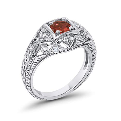 Blue Apple Co. Art Deco Ring Round Cubic Zirconia Leaf Filigree Design Split Shank Twisted Band Bridal Statement Wedding Engagement Rings For Women 925 Sterling Silver Gifts For Her - color: Simulated Garnet
