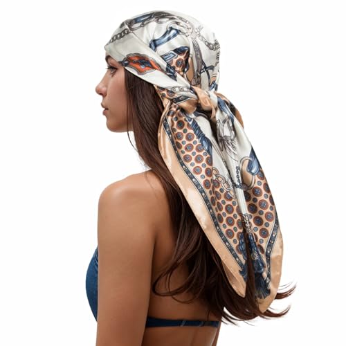 RIIQIICHY Head Scarf for Women Like Silk Scarf Hair Scarf Printed Square Scarf Bandanas for Women 35 Inches - color: Beige/Blue