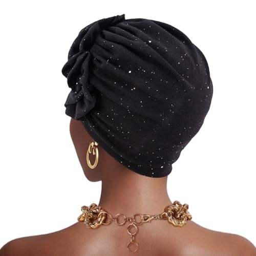 Erinaco Women Sparkle Sequin African Turban Bow Knot Pre-Tied Cap Pleated Ruffle Bonnet Beanie Hat Headwrap Skull Caps - color: Beaded Black