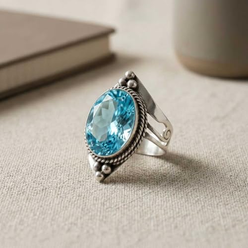 Handmade 925 Sterling Silver Plated Ring Natural Gemstone Carnelian, Rose Quartz, Tiger Eye, Crystal Oval Boho Jewelry For Women - color: Blue Quartz