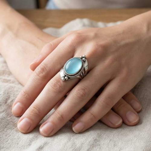 Handmade 925 Sterling Silver Plated Ring Natural Gemstone Carnelian, Rose Quartz, Tiger Eye, Crystal Oval Boho Jewelry For Women - color: Blue Chalcedony