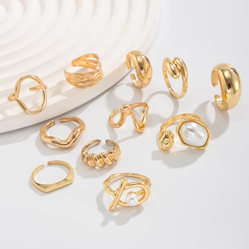 Gold Rings for Women Non Tarnish Stackable Rhinestone Moon Star Rings Dainty Stacking Pearl Butterfly Midi Pinky Thumb Joint Finger Knuckle Ring Set Gold Non Tarnish Jewelry Gifts Trendy Stuff - color: Q Chunky Gold Rings 11Pcs