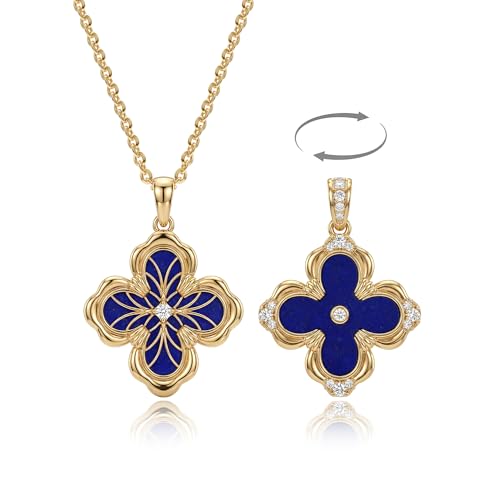 Fettero Dainty Gold Necklace for Women - Double Sided Pendant Necklace 14K Gold Plated Charm Clover Necklace Jewelry for Valentine's Day - color: Lapis Blue