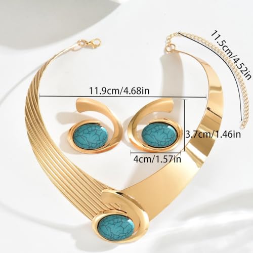 Gold Jewelry Set Chunky Gold Necklace Earring Set for Women Boho Oval Acrylic Earring Necklace Western Adjustable Choker Necklaces Bohemian Jewelry Set For Women - color: Blue