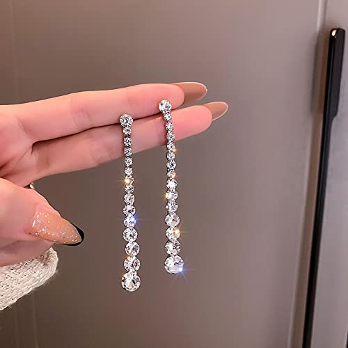 Long CZ Statement Drop Dangle Earrings for Women 925 Sterling Silver Post Pin Fashion Fringe Round Crystal Dangling Stud Elegant Christmas Wedding Birthday Party Jewelry