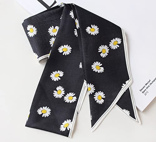 JERLA 100% Mulberry silk Scarf bag scarf Head Hair Ribbon Handbag Handle wrap Tie Bundle Neckerchief Scarf for women - color: Daisy Black