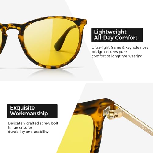 SUNGAIT Premium Vintage Round Sunglasses for Women Men Classic Retro Trendy Style - color: 16 Night Lens/Amber Frame (Matte Finish)