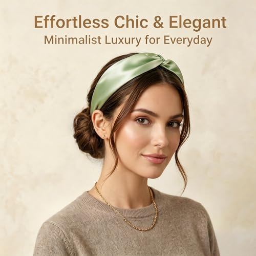 ZLYC Mulberry Silk Headband Elastic Twist Knotted Head Bands for Women's Hair, Solid Avocado Cream - color: Solid Avocado Cream