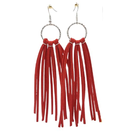 Bohemian Statement Light Weight Fringe Leather Earrrings Triangle Deerskin Leather Boho Western Statement Dangel Earrings for Women - color: Wine Red