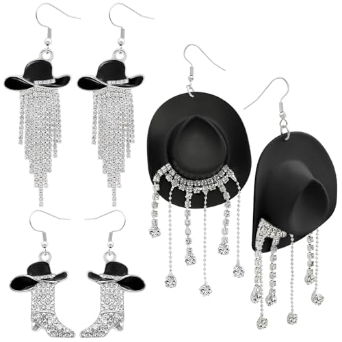 RechicGu 3 Pairs Western Cowgirl Cowboy Hat Earrings Set Silver Symmetric Boots Sparkly Rhinestone Tassels Drop Dangle Rural Culture Earrings Set For Women - color: Silver Boots,Black Hat