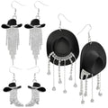 RechicGu 3 Pairs Western Cowgirl Cowboy Hat Earrings Set Silver Symmetric Boots Sparkly Rhinestone Tassels Drop Dangle Rural Culture Earrings Set For Women - color: Silver Boots,Black Hat