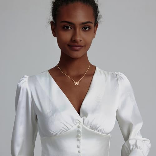 OGD Gold Necklace for Women, Bow Necklace 14K Layered Gold Necklace Dainty Bow Pendant Choker Necklace Trendy Bow Necklace Gold Chain Necklaces for Women Jewelry Gift - color: Pearl CZ Bow-Gold