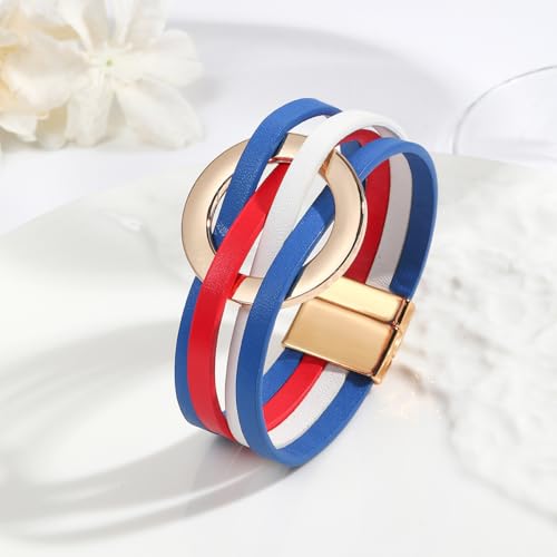 Fuqimanman2020 Circle Charm Leather Wrap Bracelet Boho Handmade Layered Cuff Bracelets for Women Teen Bohemian Multi Strand Bangle Bracelets Holiday Jewelry - color: blue white red