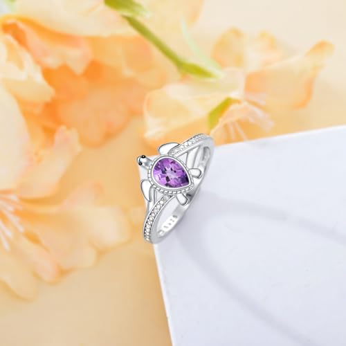 Sea Turtle Ring for Women 925 Sterling Silver Pear Shaped Birthstone Ocean Statement Ring for Ladies - color: Natural Amethyst