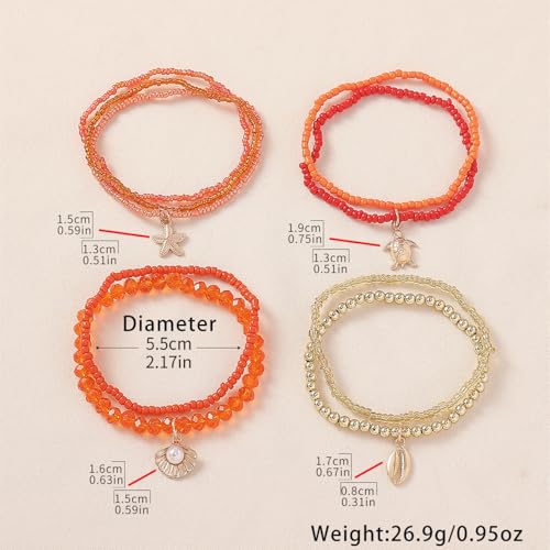 Caiyao Bohemian Multilayer Stackable Seed Beaded Bracelets Colorful Crystal Glass Beads Strand Bangle Bracelet BFF Wristbands Bracelet for Women Summer Beach Hawaii Jewelry Birthday Gifts - color: Orange-starfish