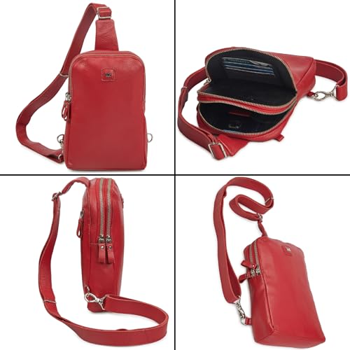 Leather Sling Bag for Women Genuine Crossbody Purse Small Trendy Cross Over Chest with Phone and Credit Card Slots (Red Nappa) - color: Red Nappa