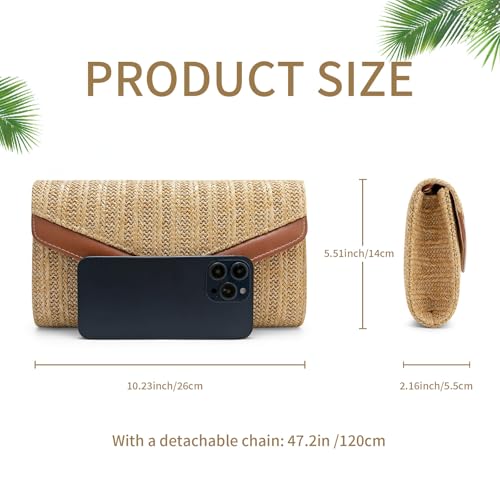 Straw Clutch Purse for Women Envelope Clutch Handbags for Summer Beach Evening Shoulder Crossbody Bag - color: Khaki