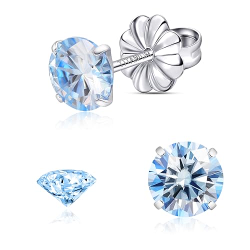 Moissanite Stud Earrings, G23 Hypoallergenic Titanium Stud Earrings for Women Men, Round Cut D Color VVS1 Clarity 18K White Gold Palted Multicolor Moissanite Jewelry, 0.6CT-3.0CT - color: Blue, size: (0.5ct*2)-5mm-1.0 Carat