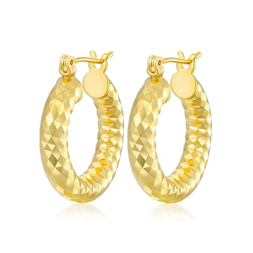 Gold Plated Hoop Earrings for Women 14K Gold Plated Earrings for Women Hypoallergenic Lightweight Wrinkle Texture Earrings Womens 20mm/25mm/30mm - size: 20mm