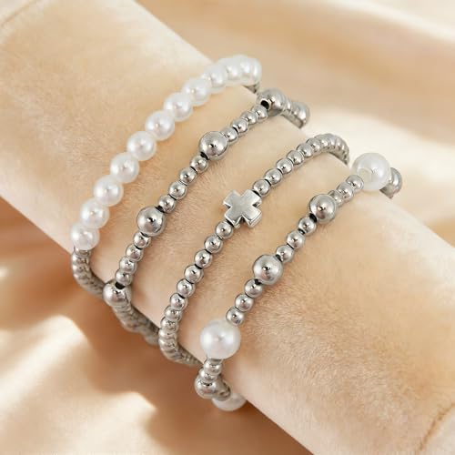 VIBILIA Gold Beaded Bracelets Set for Women 14K Gold Plated Dainty Pearl Cross Bracelet Stack Stretch Bracelet Set Fashion Accessories Gifts - color: 4P-#05-BK-Silver