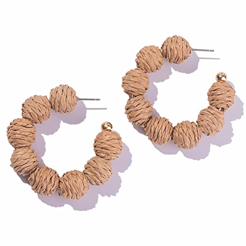 Raffia Hoop Earrings Statement Boho Beaded Earrings Cute Rattan Handmade Colorful Jewelry for Women Unique Summer Outfits - color: Wheat
