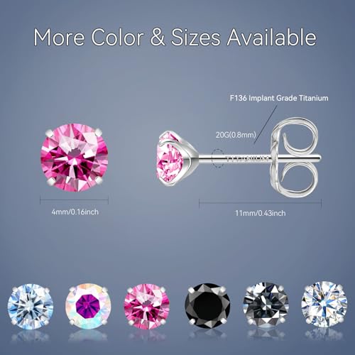 Moissanite Stud Earrings, G23 Hypoallergenic Titanium Stud Earrings for Women Men, Round Cut D Color VVS1 Clarity 18K White Gold Palted Multicolor Moissanite Jewelry, 0.6CT-3.0CT - color: Pink, size: (0.3ct*2)-4mm-0.6 Carat