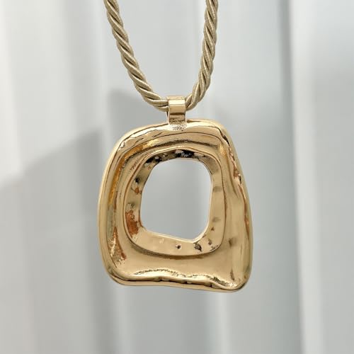 Chunky Gold Large Hollow Square Pendant Long Rope Necklaces for Women, Boho Big Silver Ethnic Style Necklace Statement Party Festival Jewelry Gifts - color: Gold
