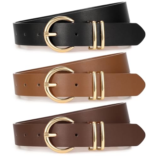 XZQTIVE 3 Pack Women Belts For Jeans Dresses Pants Ladies Leather Waist Belt with Gold Buckle - color: Round Buckle Black+brown+tan, size: Fit Pant 24-29in