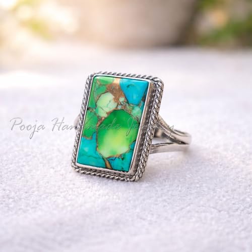 Multi Turquoise Gemstone Rectangle Ring for Women, 925 Sterling Silver Handmade Statement Rings, Boho Vintage Jewelry