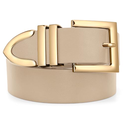 SUOSDEY Plus Size Women's Leather Belts for Jeans Pants Dress Fashion Women Waist Belt with Gold Buckle - color: Beige, size: Fit waist size 36''-41''