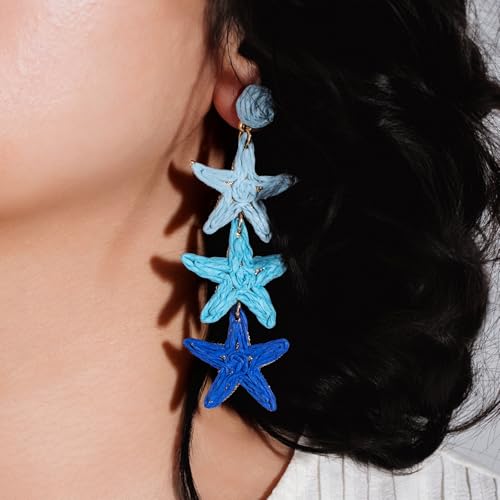 Boho Raffia Earrings Starfish Shell Seashell Dangle Drop Earrings Cute Statemnet Trendy Jewelry Summer Beach Outfits for Women - color: Blue, size: Seastar
