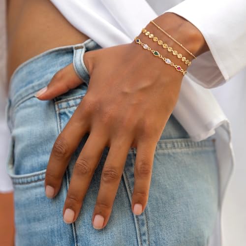 Dremmy Studios Gold Bracelet for Women 18K Gold Plated Dainty Paperclip Cubic Zirconia Disc Coin Star Cable Satellite Bead Pearl Simple Boho Minimalist Stacking Layered Link Jewelry Gift - color: CZ Rainbow