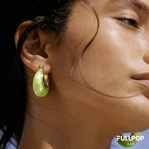 Fullpop Vintage Earrings for Women, Chunky 14K Gold Plated Resin Hoop Earrings Lightweight Hollow Drop Earrings Hypoallergenic Earrings for Women Vintage Anthropologie Jewelry Gifts for Women - size: Round-Light Green