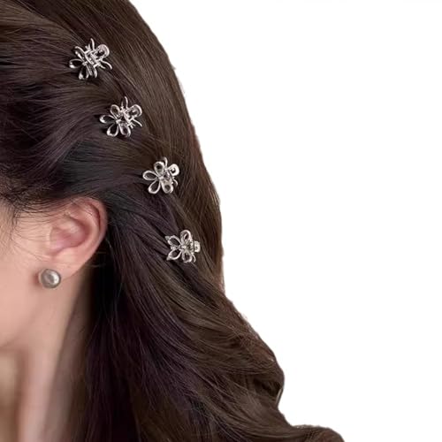 Sliver Small Flower Hair Clips for Women, Cute Mini Tiny Little Sparkling Metal Flower Sweet Artificial Bangs Nonslip Hair Claw Clips Decorative (Sliver) - color: Sliver