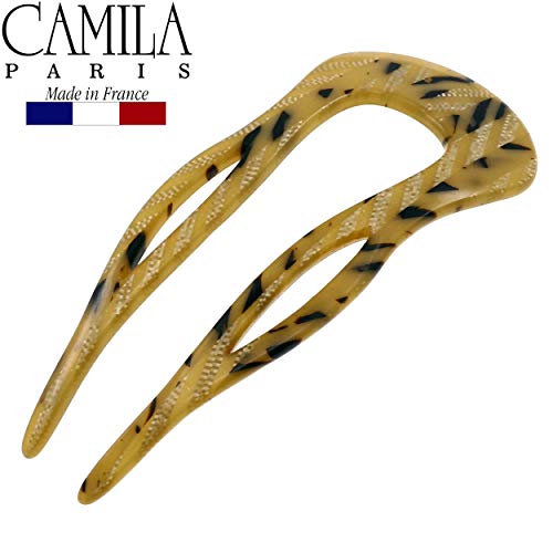 Camila Paris CP2502 French Twist Stick Clip Pins, Handmade, Victory Beige, Girls Hair Pin U-Shaped Hair Fork for Girls Spiral Updo Chignon Bun Holder, Styling Hair Accessories for Women Made in France - color: 2-Prong Victory Beige