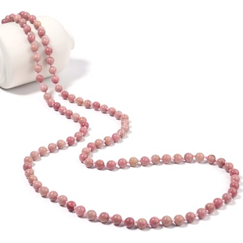 Beaded Necklace Hand Knotted for Woman - color: Rhodonite
