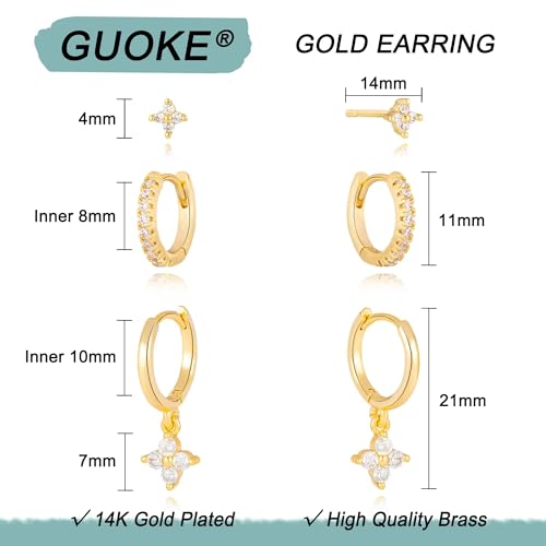3 Pairs Small Earring Stacks, 14K Gold/Silver/Black/Rose Gold Plated Pearl Heart Butterfly Star Diamond Charm Drop Huggie Earrings Trendy Jewelry Gift for Women - color: Gold-Four Leaf