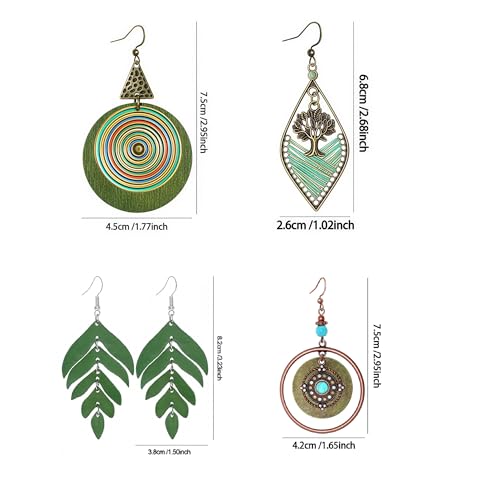 4 Pairs Vintage Boho Earrings for Women Green Bohemian Geometric Tassel Leaf Dangle Earrings Jewelry Accessories Gifts for Beach Festival & Everyday Wear - color: Green A